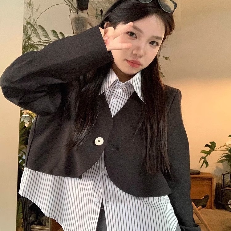 Áo khoác cardigan giả hai lớp tay dài dáng rộng thời trang mùa thu nữ, áo vest nữ Hàn Quốc công sở | BigBuy360 - bigbuy360.vn