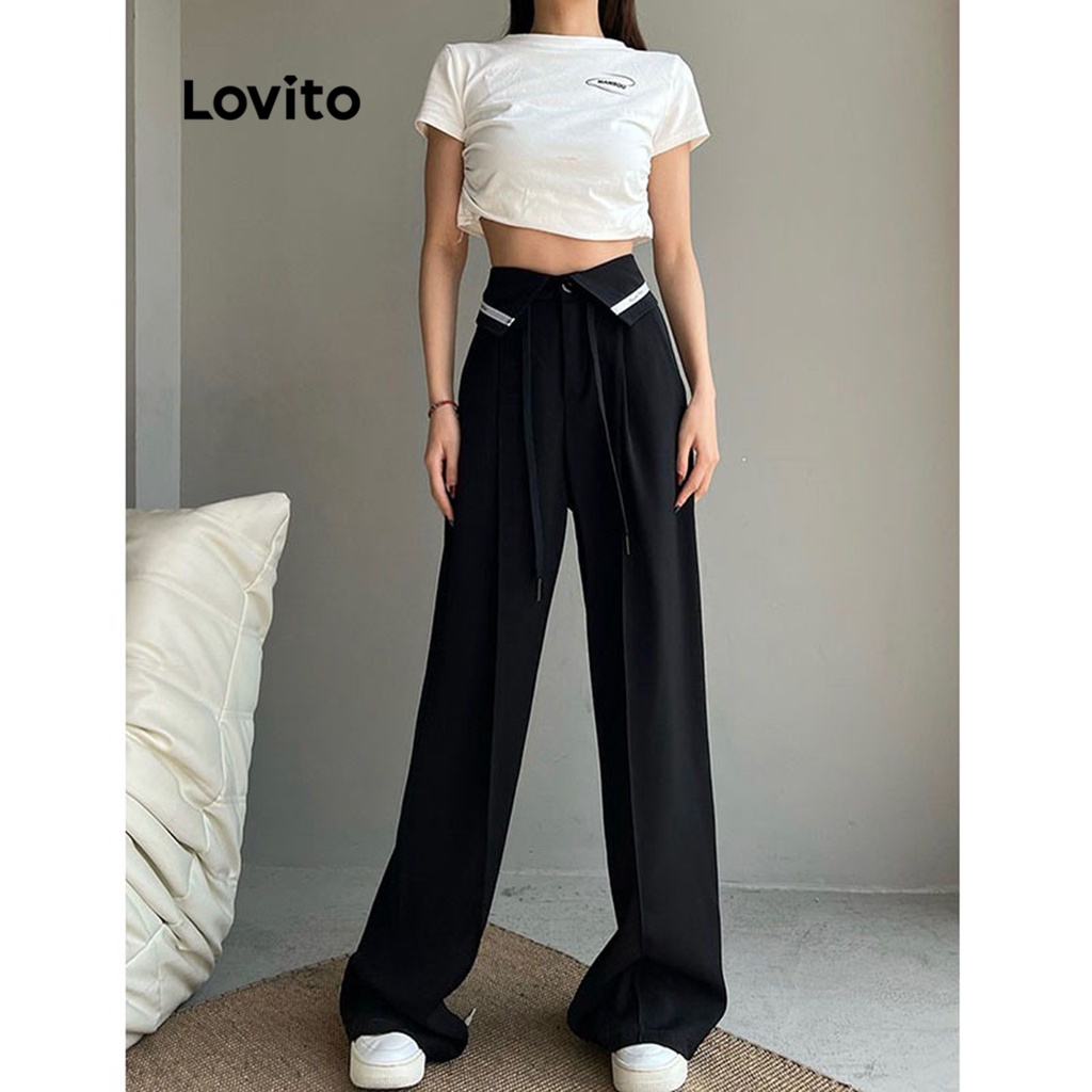 Quần ống thuôn Lovito tương phản màu trơn thường ngày cho nữ LNE20150 (Màu đen)