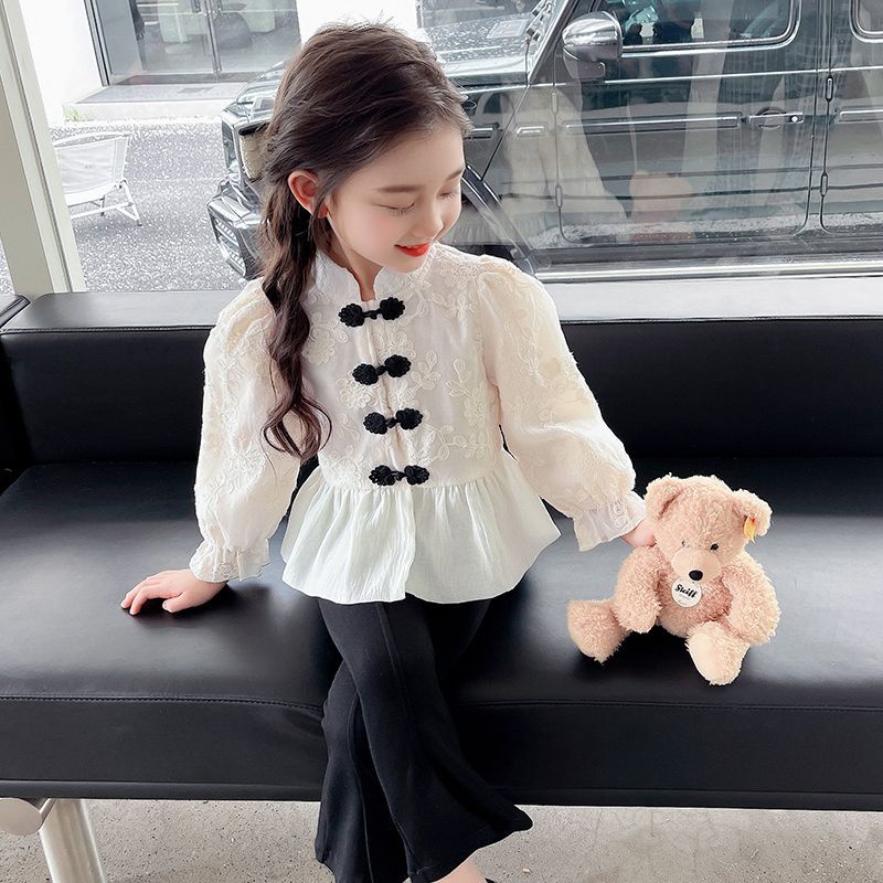 Set Áo Quần Ống Loe Thêu Họa Tiết Phong Cách Trung Hoa Mới Cho Bé Gái