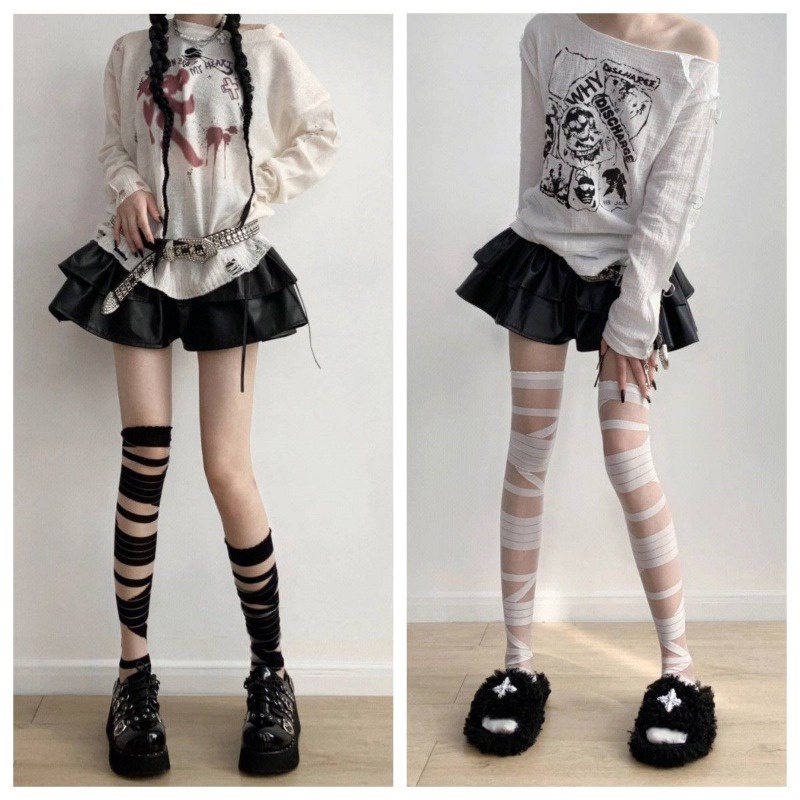 Japanese Lolita Black and White Bandage Stockings for Girls' New JK Uniform Cross Tie Long Tube Knee Length Stockings