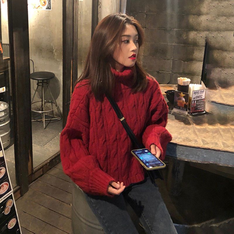 Mới Áo sweater Dệt Kim Dày Dặn Cổ Cao Màu Đỏ Khoai Tây Chiên Cho Nữ