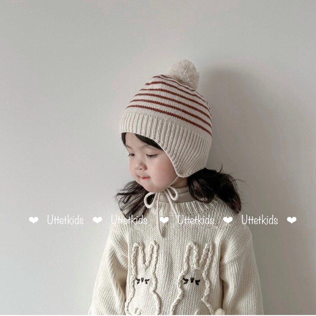 MŨ LEN SỌC CÓ DÂY PHONG CÁCH HÀN QUỐC CHO BÉ GÁI VÀ BÉ TRAI RẤT ĐẸP