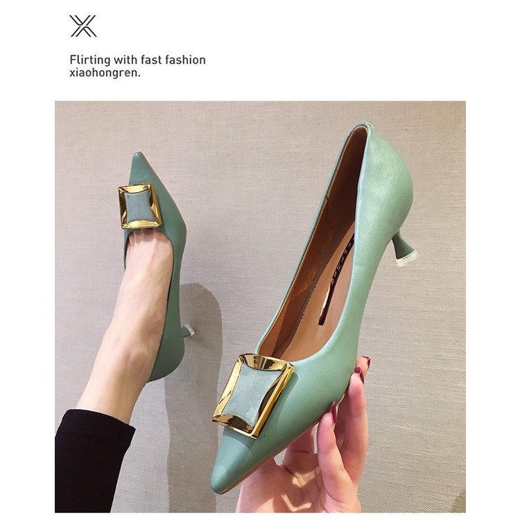 Đen Giày Cao Gót 5cm Da Mềm Mũi Nhọn Thời Trang Mùa Đông Cho Nữ