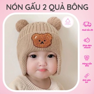 Nón Len Tem Gấu Xoăn 2 Quả Bông Xoăn Đáng Yêu Giữ Ấm Cho Bé