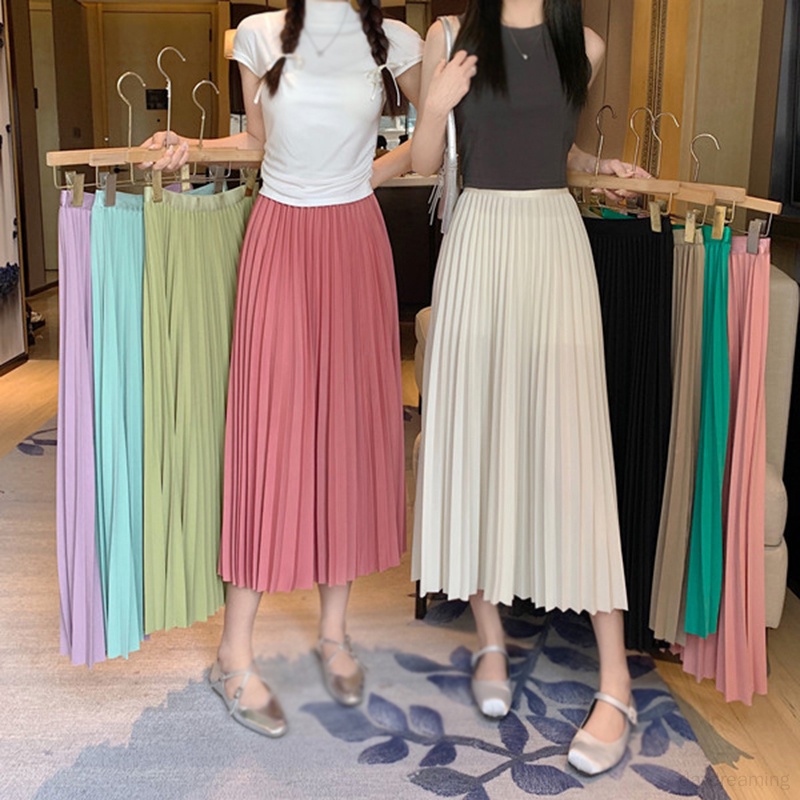 Chân Váy Xếp Ly Lưng Cao Màu Trơn Thời Trang Hàn Quốc Đơn Giản Cho Nữ