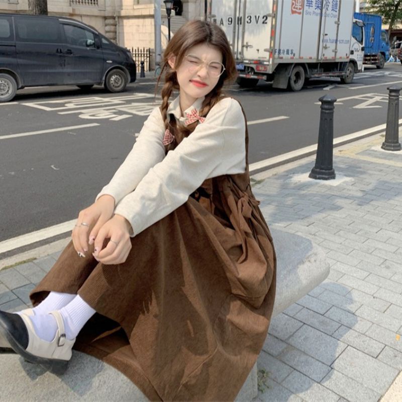 Váy yếm đầm Set Áo Sơ Mi Cổ Búp Bê + Đầm Yếm Dáng Rộng Thời Trang Mùa Thu Cho Nữ