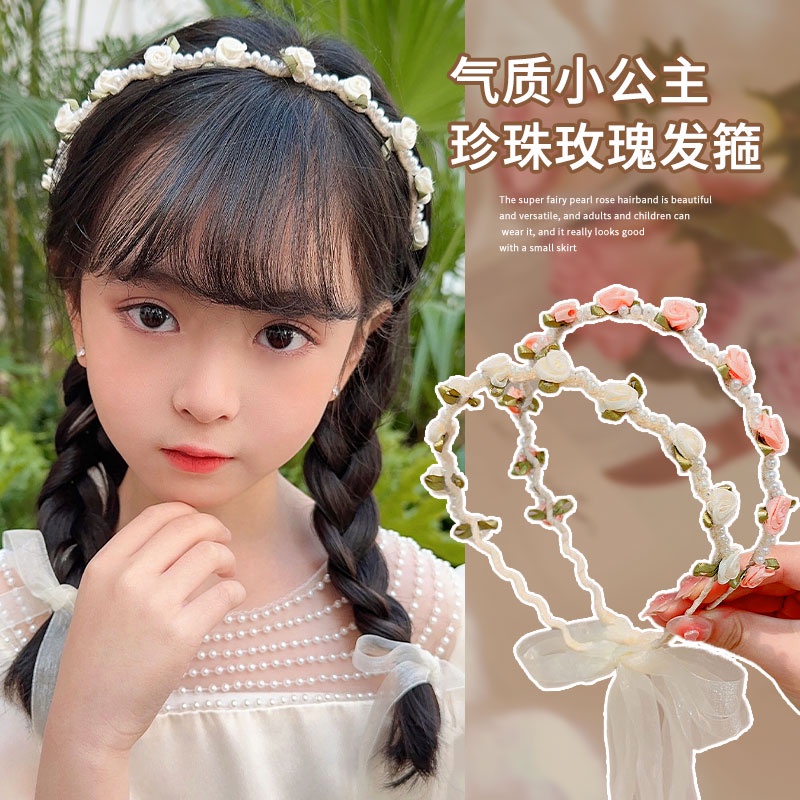 Băng Đô Bện Hoa Hồng Đính Ngọc Trai Phong Cách Hàn Quốc Cho Nữ