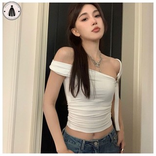 Thiết kế màu trắng một vai cổ áo bạc một vai dành cho cô gái nóng bỏng thuần khiết mong muốn áo vest ngắn vừa vặn bên trong