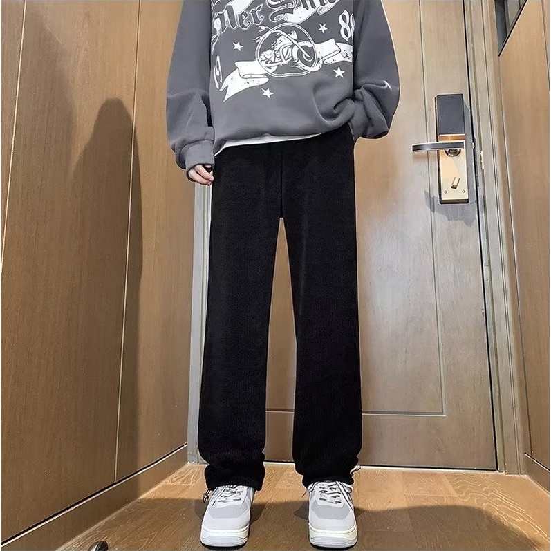 Quần Thể Thao Ống Rộng Vải Nhung Kẻ Thời Trang Thu Đông Cho Nam