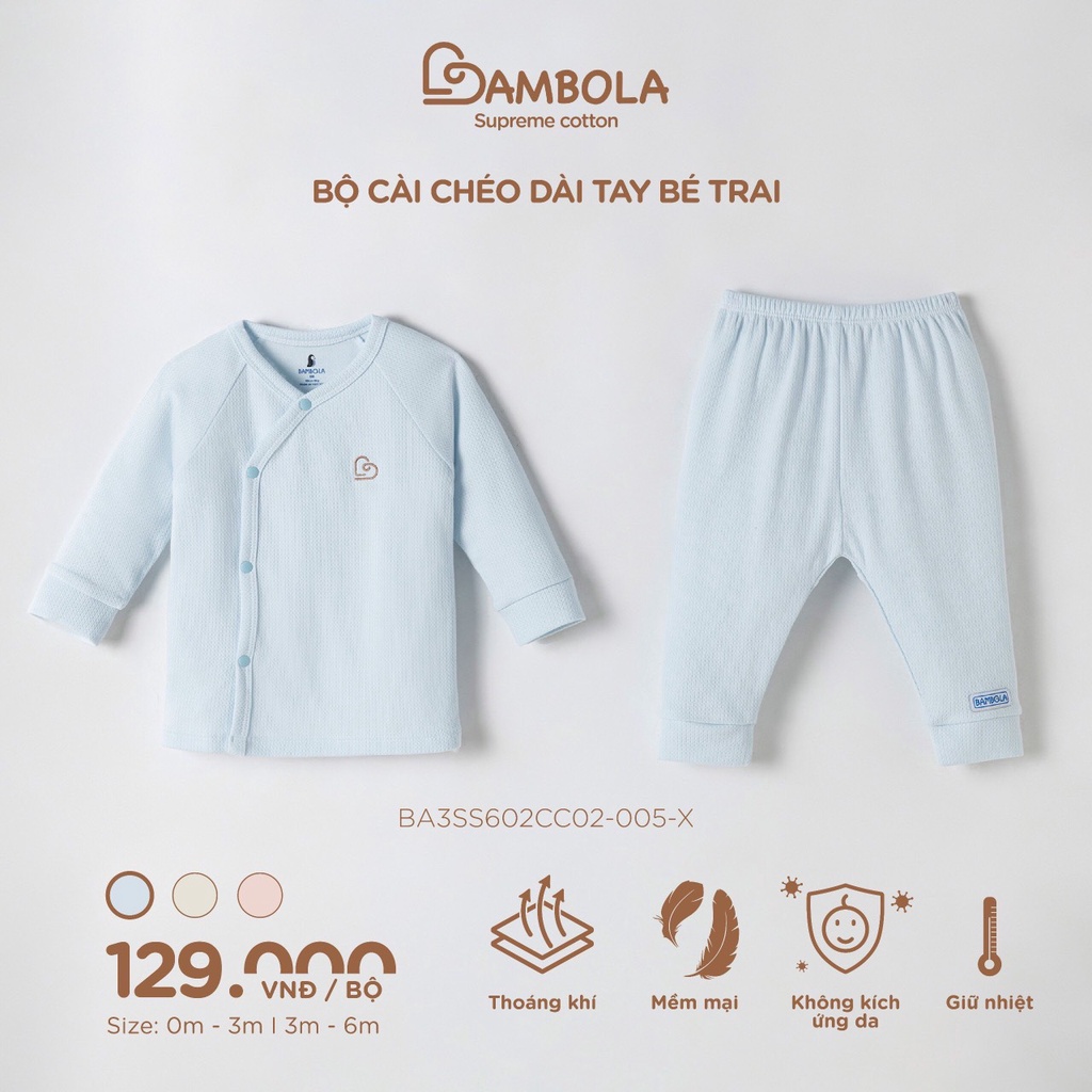 BAMBOLA Bộ áo quần dày tay BAMBOLA cài cúc chéo/ cúc giữa chất liệu cotton nu petit cao cấp cho bé yêu từ 0 - 6 tháng