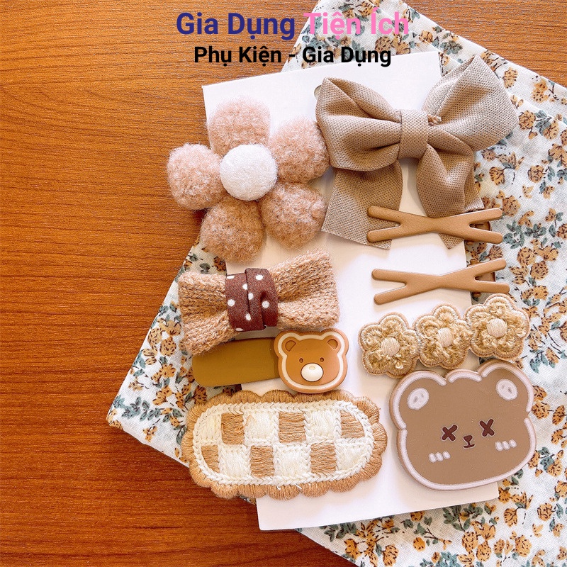 Bộ Kẹp Tóc Đính Nơ Họa Tiết Gấu Hoạt Hình Phong Cách Hàn Quốc Dễ Thương Cho Bé Gái