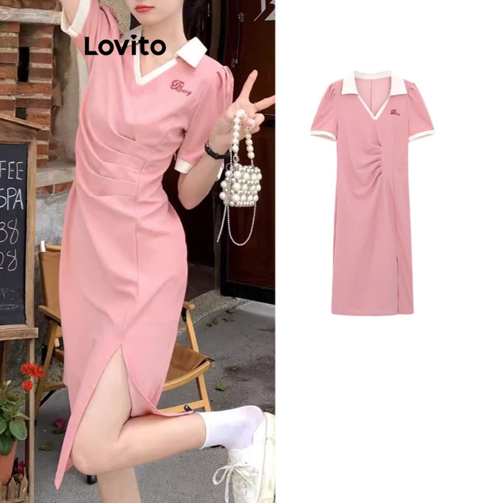 Đầm LOVITO có dây rút màu trơn đường khâu vải phối viền tương phản phong cách thường ngày cho nữ LNE24209 (hồng)