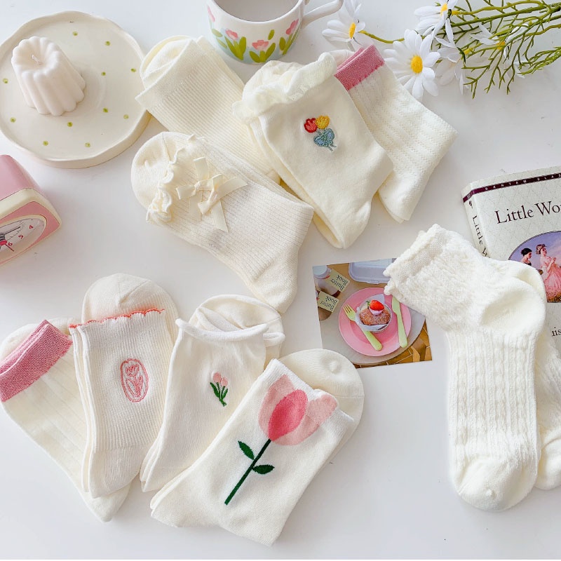 Set 5 Đôi Vớ Cổ Cao Màu Sắc Đơn Giản Phong Cách Hàn Quốc Cho Nữ