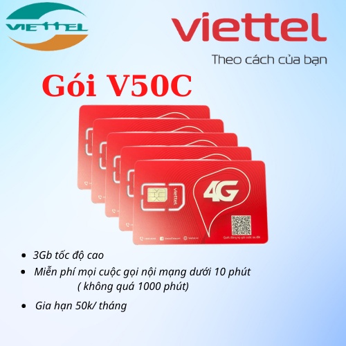 Sim 4G Viettel gói V70C Miễn Phí gọi nội mạng dưới 10 phút và 3GB tháng