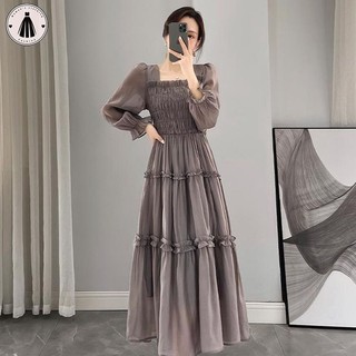 Váy dài tay màu xám khói kiểu Pháp có eo thon gọn và váy chữ A