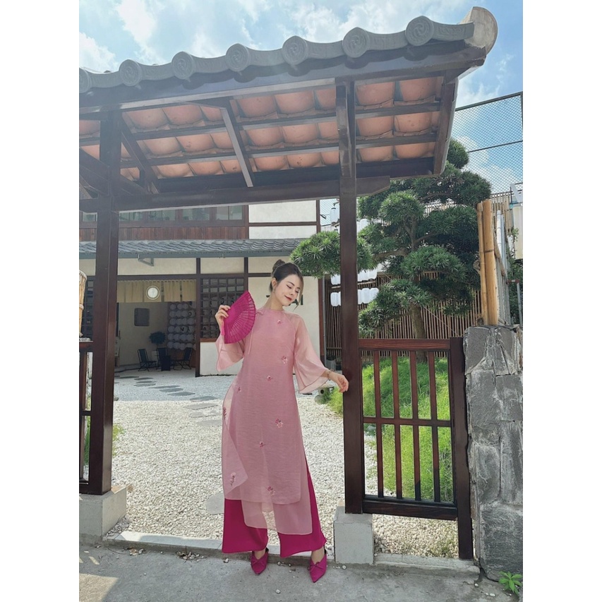 S38 - SET ÁO DÀI NỮ HỒNG CÚC VAI THÊU HOA