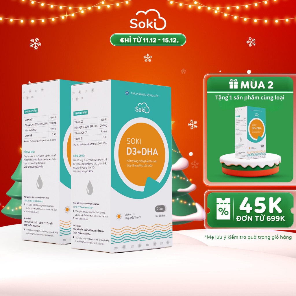 Combo 2 Hộp Siro SOKI D3+DHA Tăng Sức Khỏe, Hấp Thu Calci, Bổ Sung Dưỡng Chất Thiết Yếu Cho Trẻ 20ml/hộp