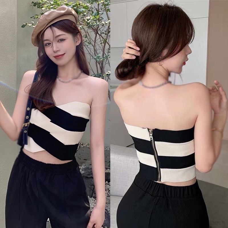 Áo Croptop Dệt Kim Sát Nách Kẻ Sọc Màu Tương Phản Kiểu Hàn Quốc Thời Trang Mùa Hè Cho Nữ