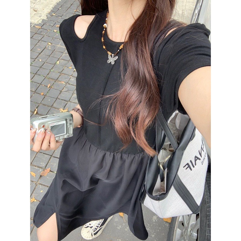 Đầm Chữ A Ngắn Tay Trễ Vai Ôm Eo Phong Cách Hepburn Cho Nữ