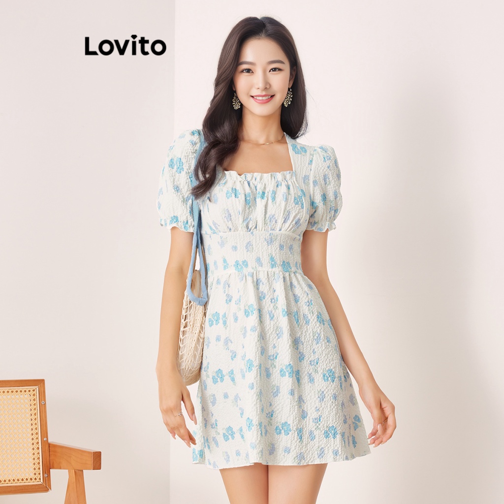 Đầm Lovito Cviền nhún bèo tay phồng họa tiết hoa nhí thời trang thường ngày cho nữ L56ED116 (Xanh Dương Nhạt)