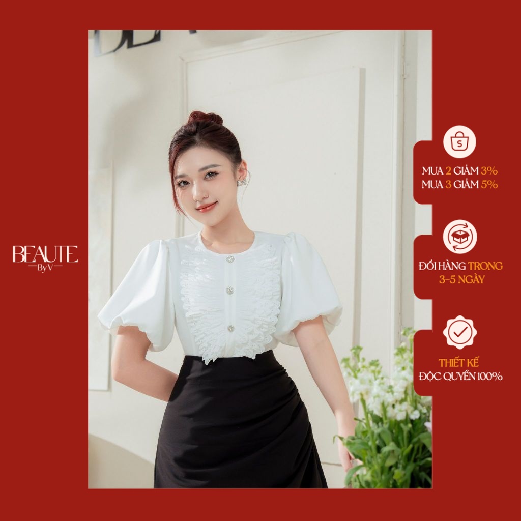 BEAUTEBYV - Áo nữ cổ tròn phối ren Lilacy