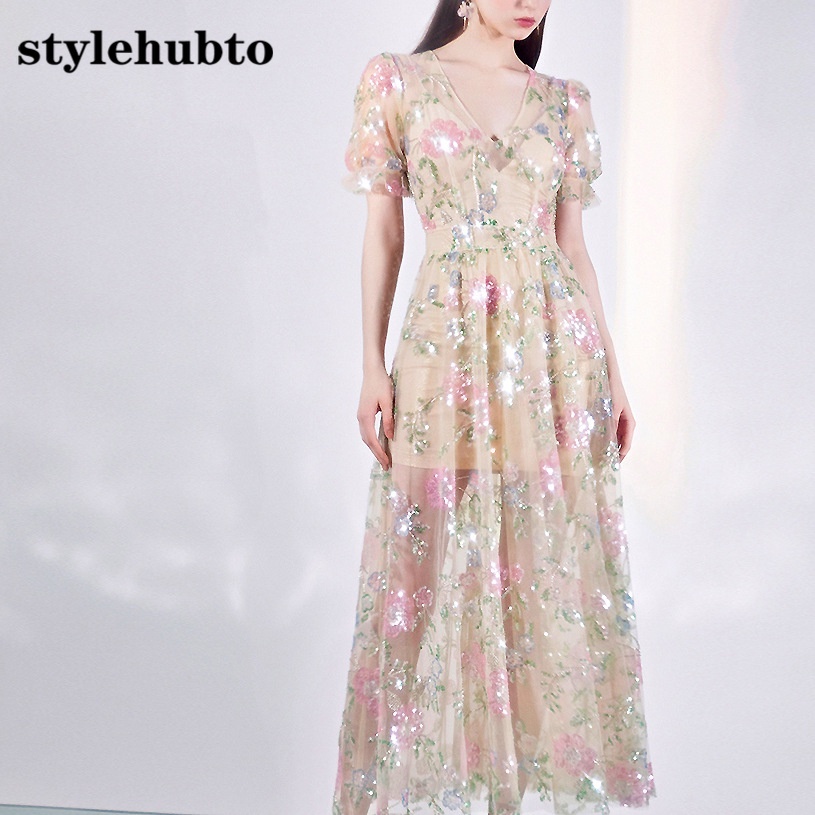 Đầm Cổ Chữ v Phối Ren Đính Kim Sa Thời Trang 9461