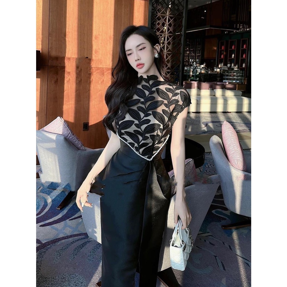 Đầm body đi tiệc A501 thiết kế cộc tay cổ trụ chất tafta bóng phối lưới họa tiết lá thêu chạy viền đá freesize KimHoa77