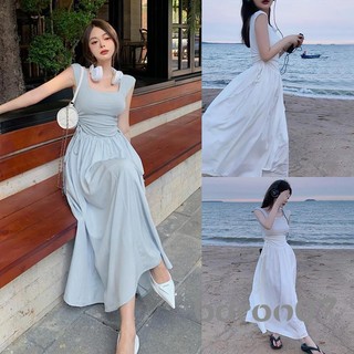 Đầm Midi Nữ Mùa Hè Màu Trơn 1 / 4 Tay Cổ Vuông Bên Dây Rút Chữ A Đầm Ngày Lễ