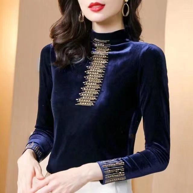 Áo Nhung Tay Dài Cổ Cao Đính Sequin Thời Trang Thu Đông Cho Nữ