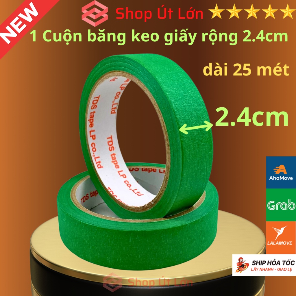 1 Cuộn băng keo giấy màu xanh lá, rộng 2.4cm, dài 25 mét, lõi giấy 3mm