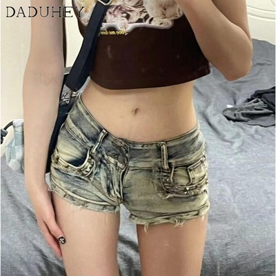 Quần short chữ A DADUHEY denim lưng cao phong cách đường phố Mỹ cổ điển cao cấp