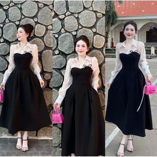 Đầm tiểu thư đi tiệc sang trọng A529 form xòe dáng dài chất mango lót lụa mix tay dài chất tơ xốp freesize KimHoa77