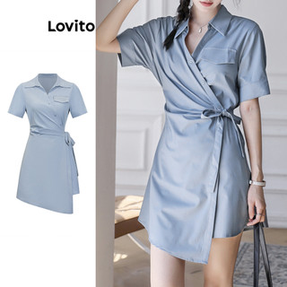 Đầm Lovito xếp nếp có dây buộc màu trơn phong cách thường ngày dành cho nữ L85AD275