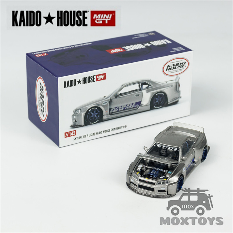 Kaido House x MINI GT 1: 64 Skyline GT-R (R34) Kaido Works SHINJUKU V1 Xe mô hình đúc màu bạc