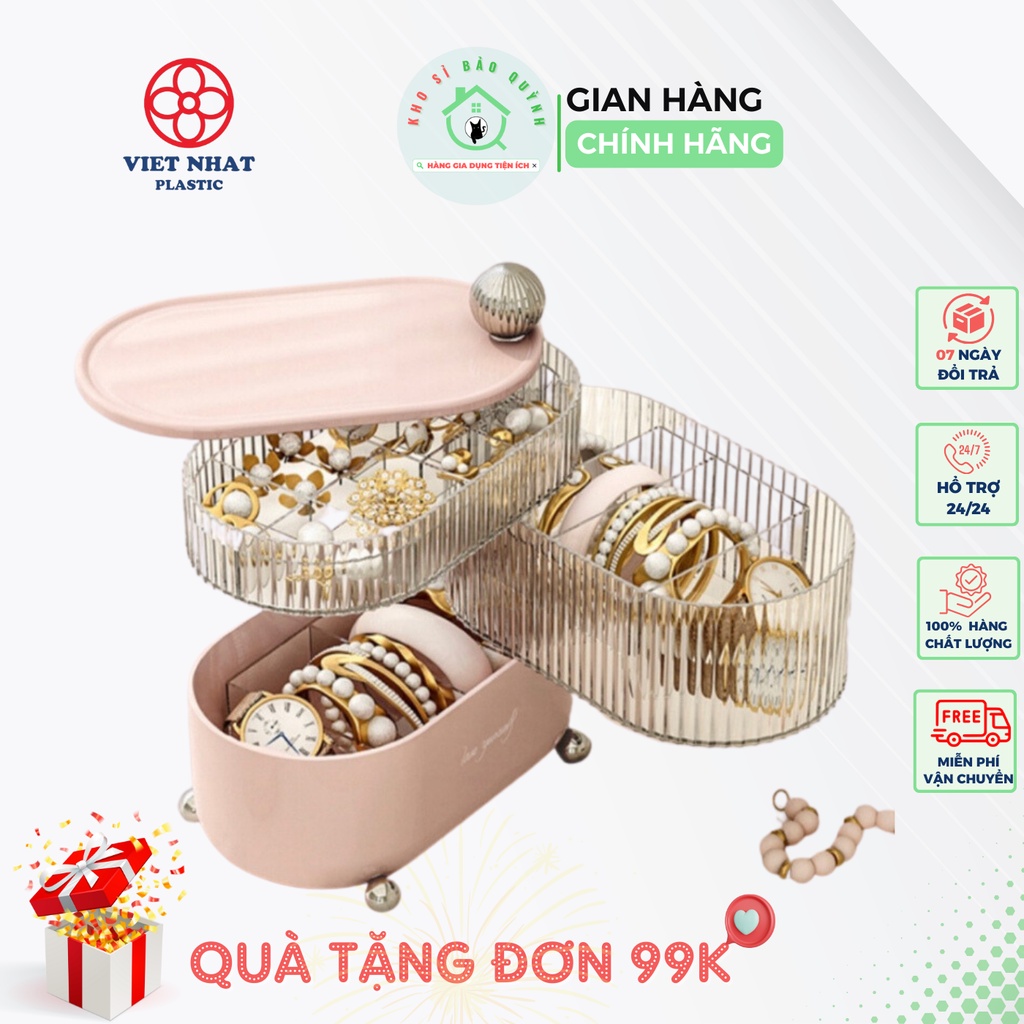 Hộp Đựng Trang Sức 3 Tầng Xoay 360 Độ Hộp Để Đồ Đa Năng Chất Liệu Nhựa PP Cao Cấp Màu Hồng Kem