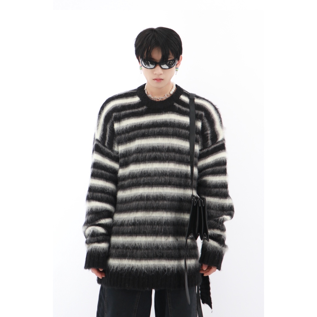 Đen Áo sweater Cổ Tròn Dáng Rộng Họa Tiết Kẻ Sọc Phong Cách Hip Hop Thời Trang Cho Nam