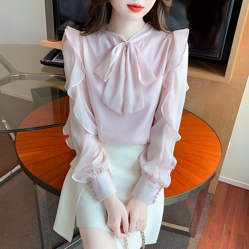 Áo Sơ Mi chiffon Tay Dài Phối Nơ Thời Trang Dành Cho Nữ