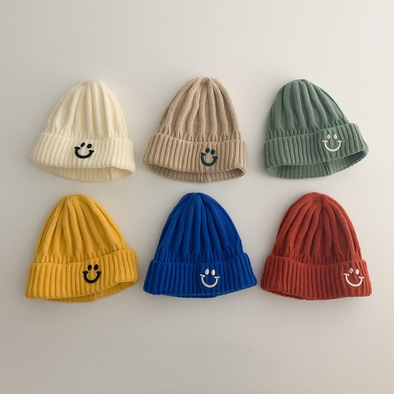 Mũ Len Beanie Mềm Mại Màu Trơn Hình Mặt Cười Cho Bé 1-5 Tuổi