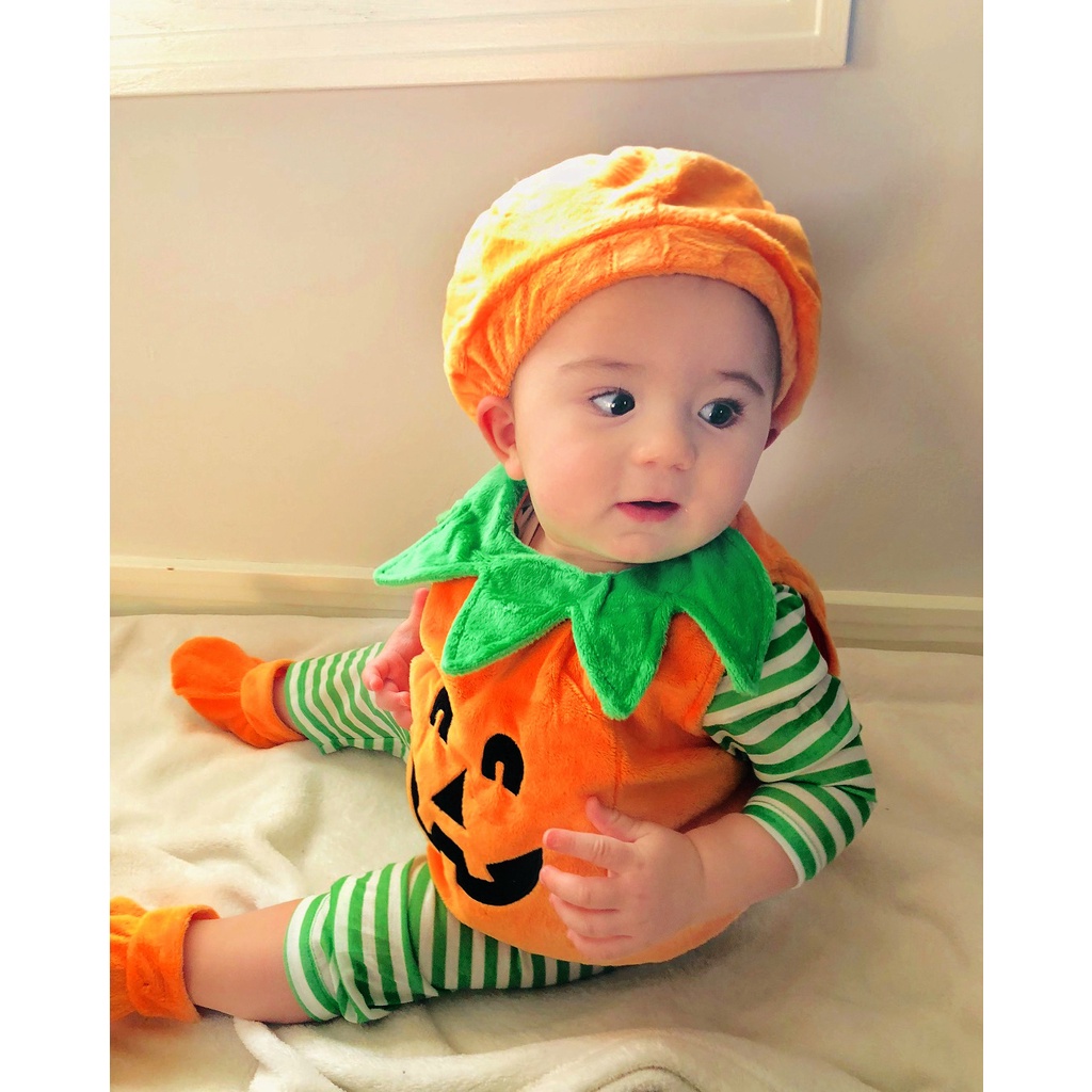 Bộ Áo Liền Quần Cổ Tròn Không Tay Hình Bí Ngô halloween Dễ Thương Cho Bé