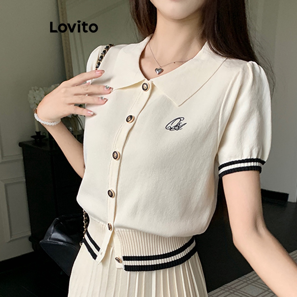 Lovito Áo crop top dệt kim tay ngắn trơn đơn giản dành cho nữ LNE24090 (Quả mơ)