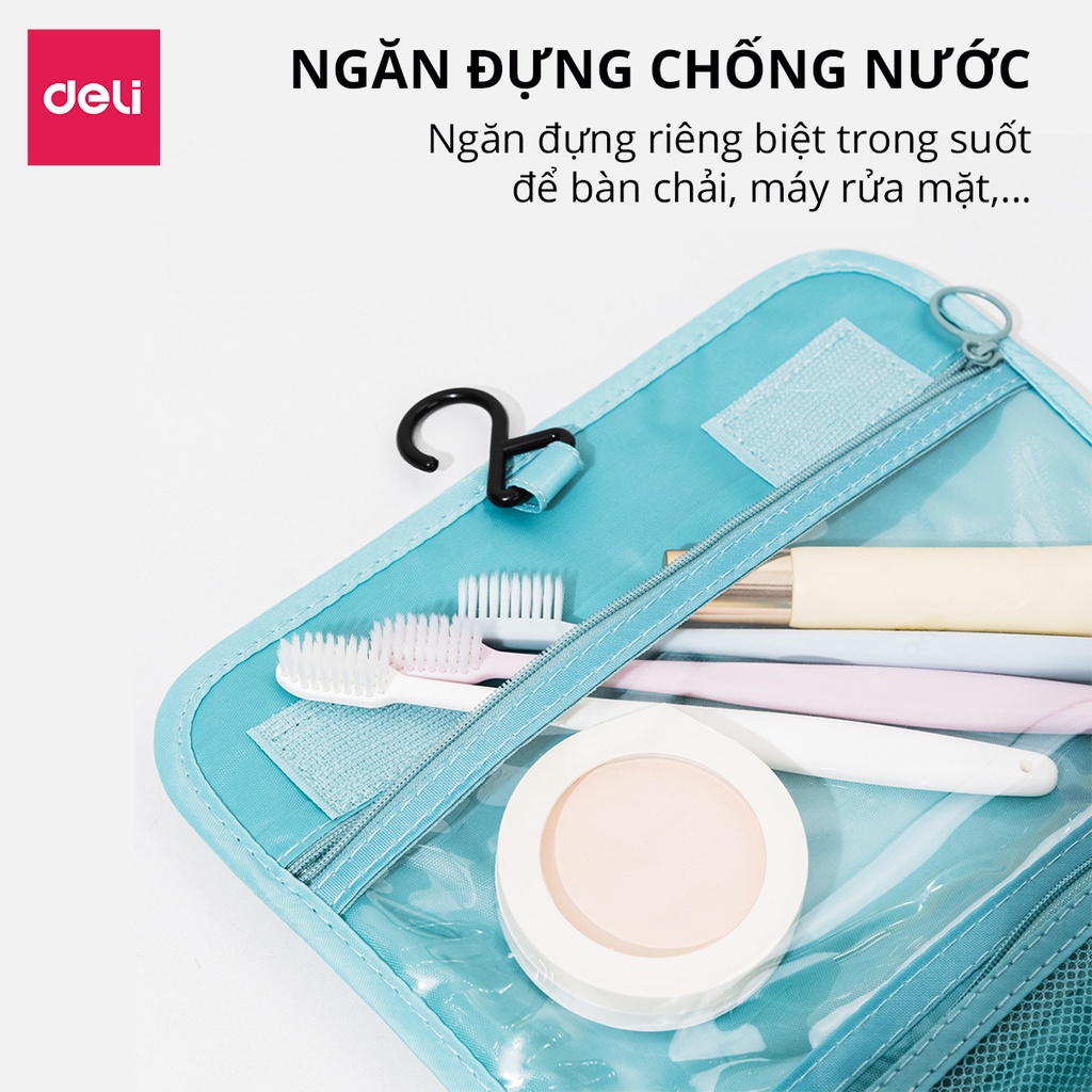 Túi đựng mỹ phẩm du lịch có móc treo Deli, túi đựng đồ cá nhân đồ trang điểm đa năng chống thấm nước