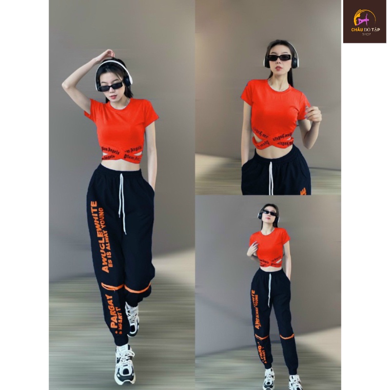 Set bộ phối áo chéo chữ chất thun quần khóa gối chất xi gió tập gym, nhảy aerobic