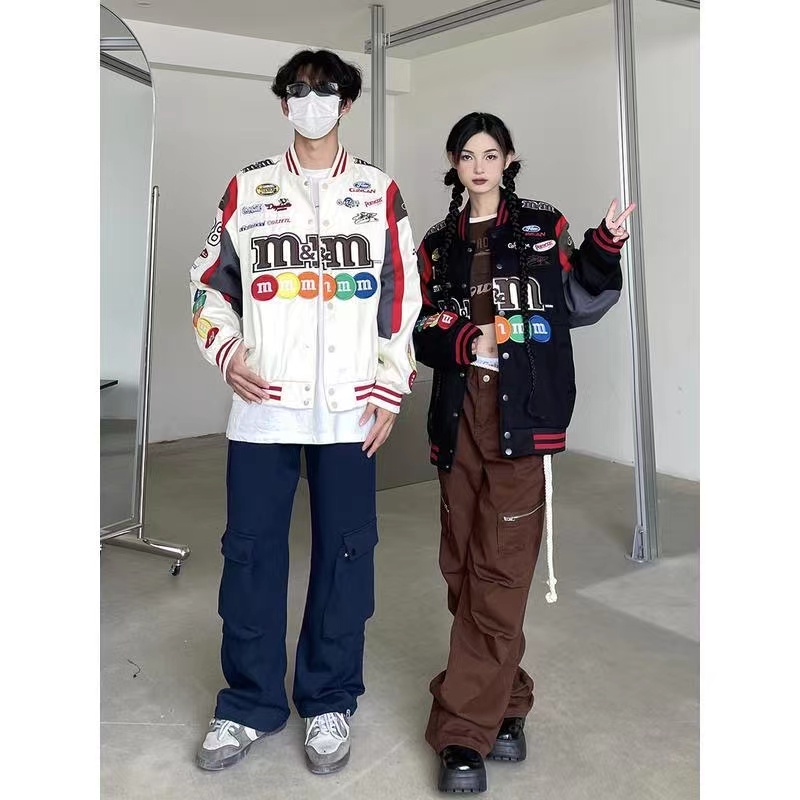 Áo khoác bóng chày nam ngắn tay dài một hàng nút in chữ kỹ thuật số Đa năng thời trang harajuku mới cho cặp Đôi