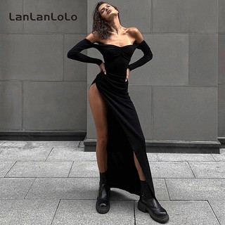 LanLanLo Nữ Màu Trơn Thời Trang Gợi Cảm Tắt Vai Dài Tay Lưng Chặt Chia Đầm Dự Tiệc Thường Ngày