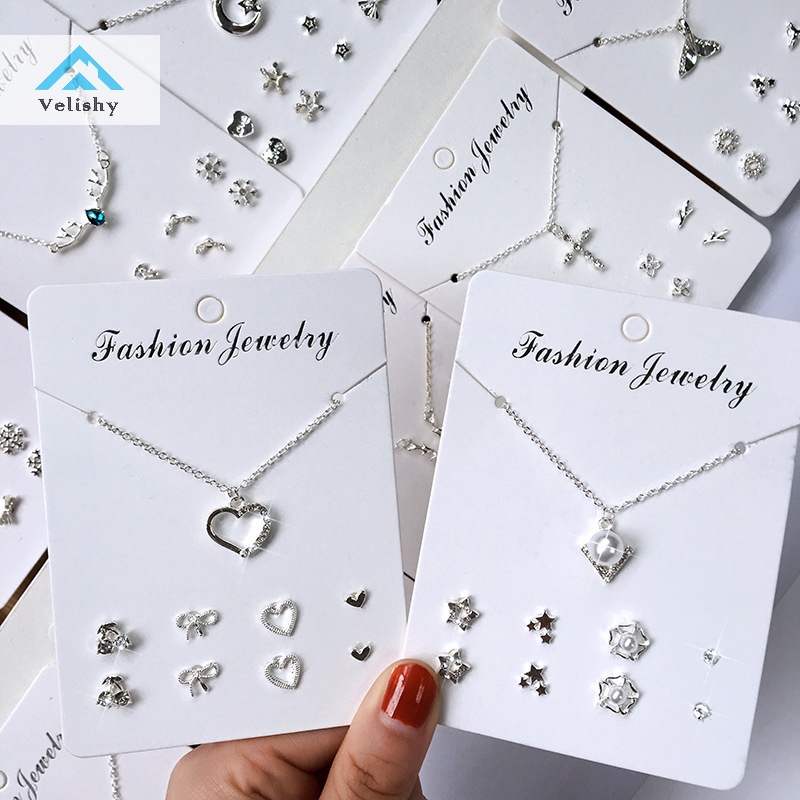 Velishy set Vòng cổ Và 4 Đôi Khuyên Tai Đính Đá Phong Cách Hàn Quốc Dành Cho Nữ