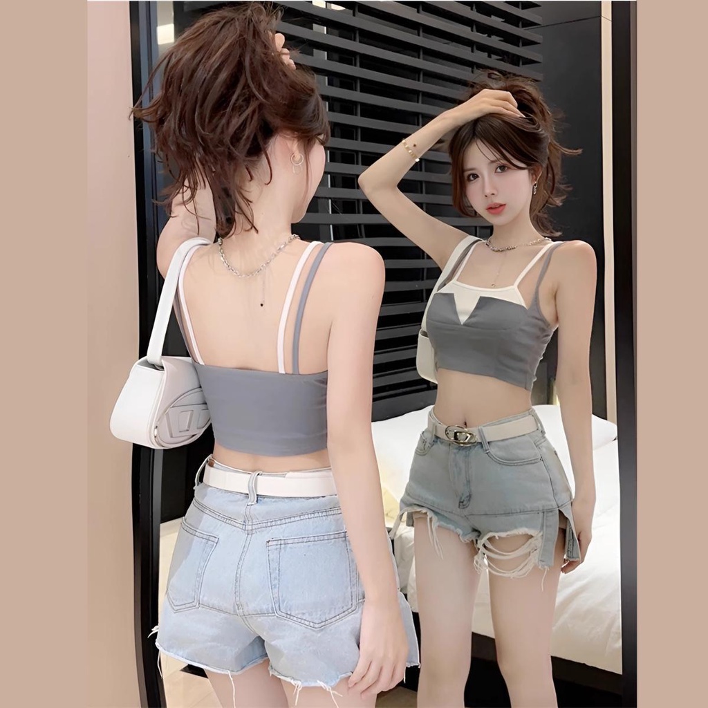 Áo kiểu 2 dây nữ DaaLaa Store dáng ôm, phong cách chấp vá cá tính A5874