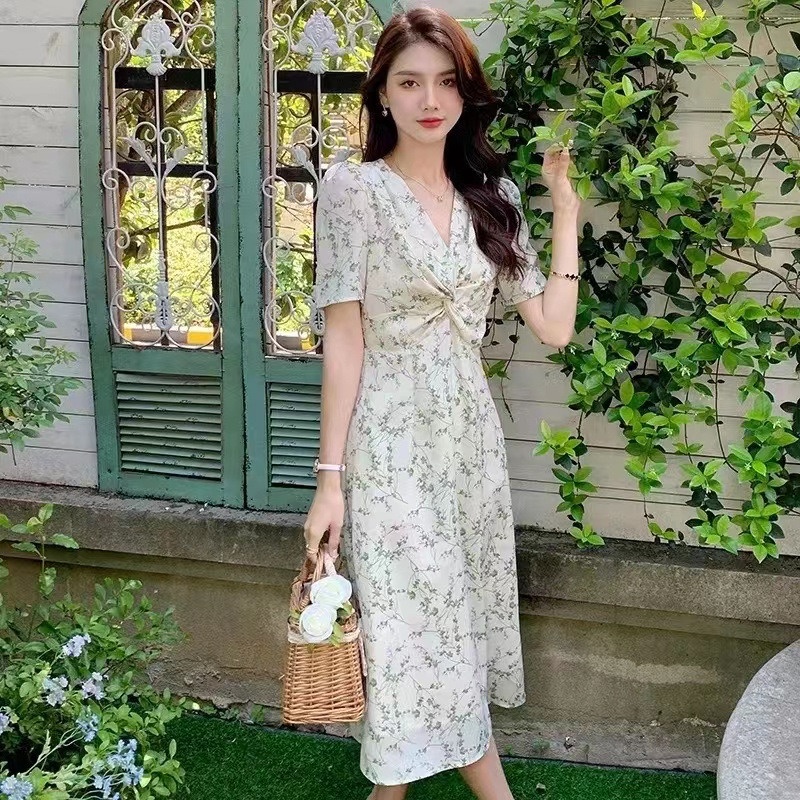 Đầm Voan Hoa Ngắn Tay Cổ Chữ v Thời Trang Mùa Hè