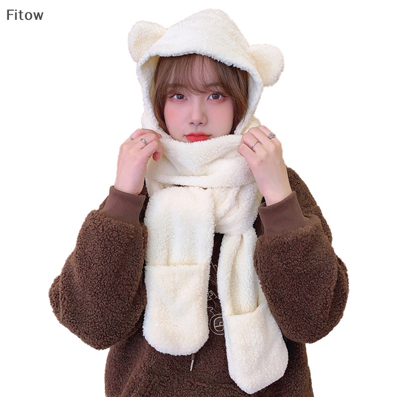 Set 1 Món Nón Khăn Choàng Găng Tay Và Khăn Choàng Cổ 3 Trong 1 Bằng Vải Bông Giữ Ấm Mùa Đông Hình Tai Gấu Dễ Thương Dành Cho Bạn Nữ fe