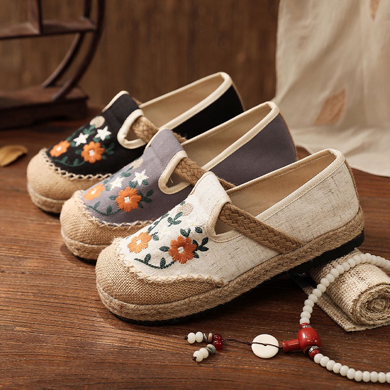 Giày Vải Lanh Đế Bằng Thêu Họa Tiết yaoli Phong Cách retro Mới Cho Nữ