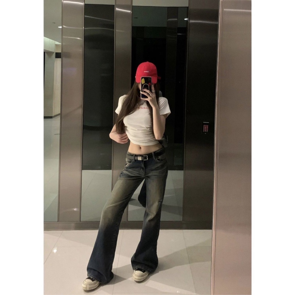 Thiết Kế Quần denim Dài Ôm Dáng Xếp Nếp Eo Thấp Xuyên Thấu retro Cho Nữ